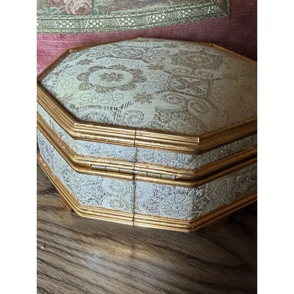 Vintage MCM Octagon Mirrored Brocade Jewelry Box - Gold Silver Threaded